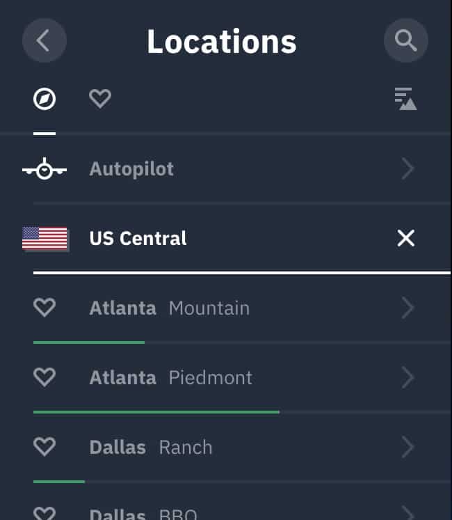 Location menu on Windscribe