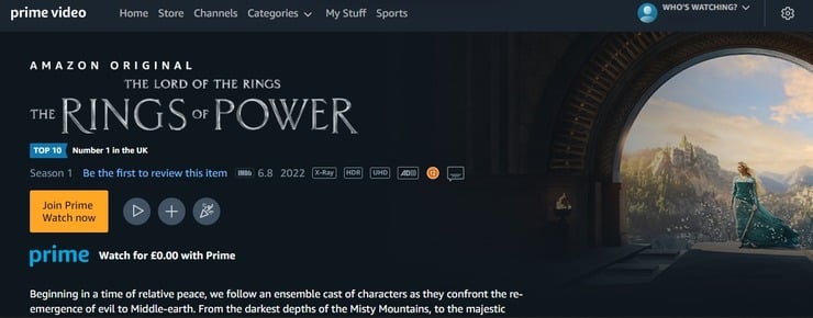 Amazon homepage to watch Rings of Power